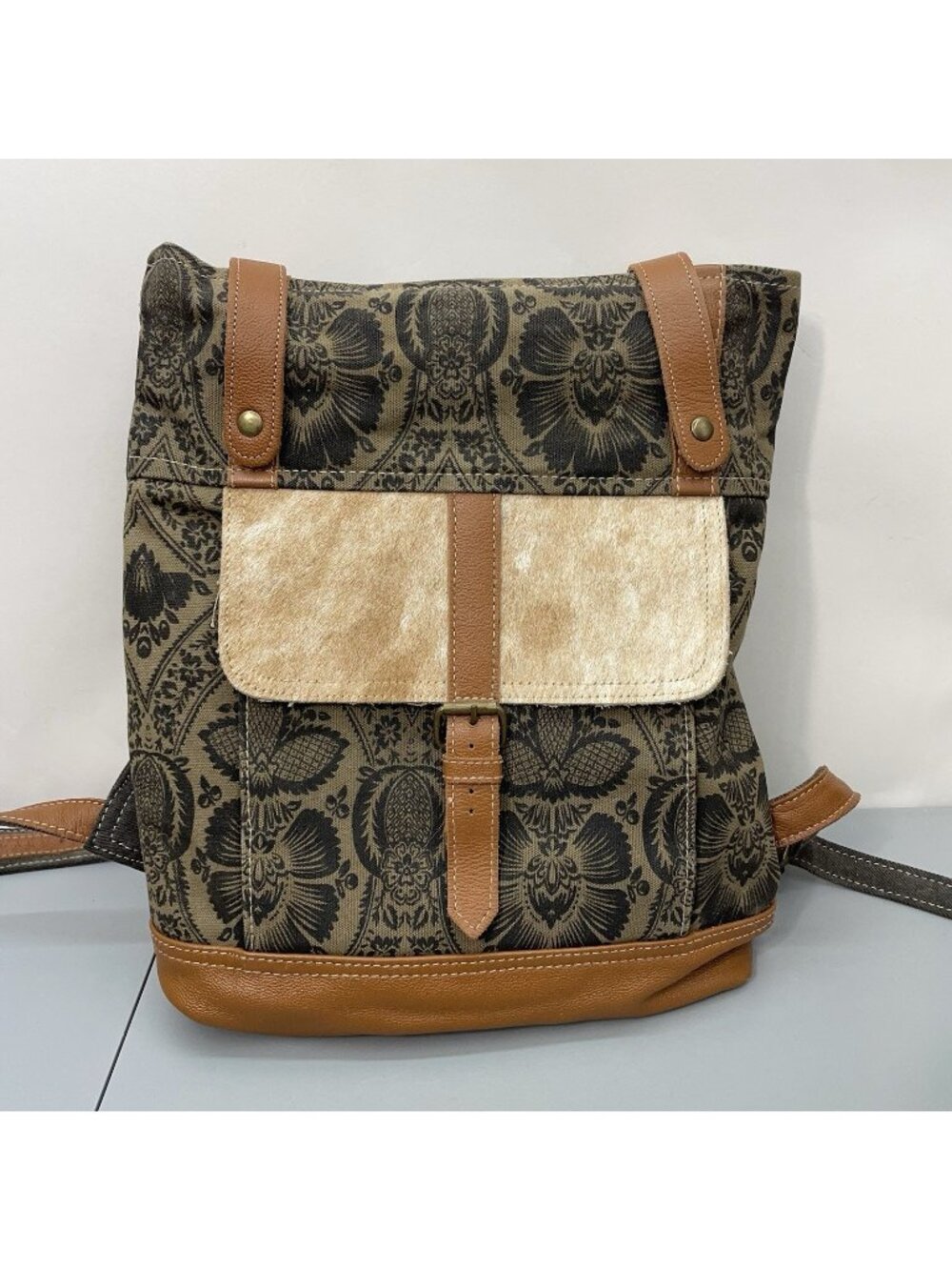 Myra Backpack Bag Canvas Leather Cow Hair Zip Top Brown Black Western Cowgirl